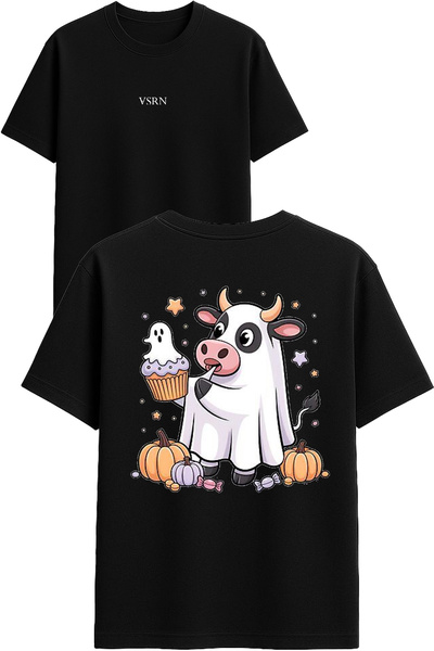VSRN تي شيرت بتصميم جاموس الشبح مطبوع أسود قصة فضفاضة