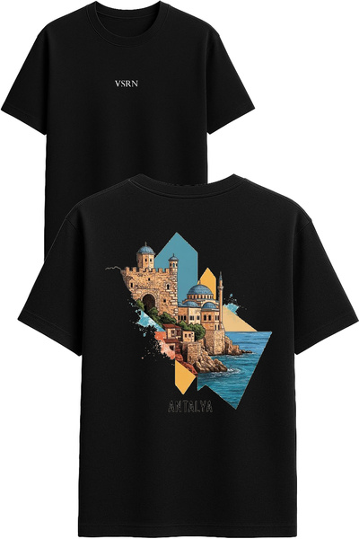 VSRN تي شيرت أنتاليا ديزاين مطبوع أسود قصة فضفاضة