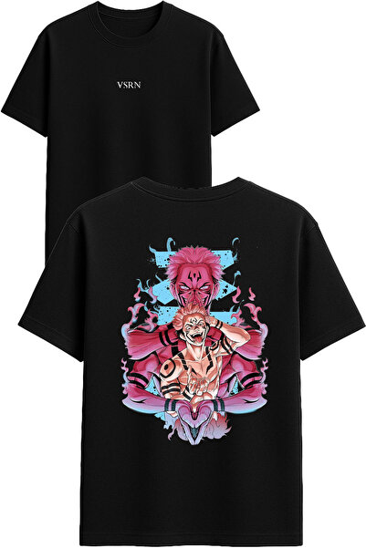 VSRN تي شيرت وردي بأربعة أكمام بتصميم الرسوم المتحركة مطبوع أسود قصة فضفاضة