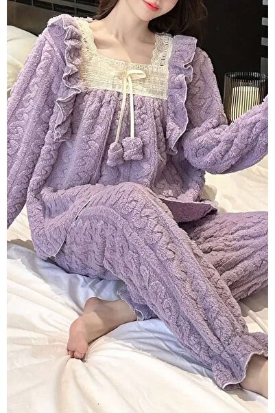 ÇEÇEN HOME Set de pijamale în stil prințesă de iarnă pentru femei, îmbrăcăminte dulce și drăguță pentru acasă cu detaliu de panglică