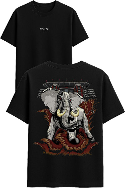 VSRN تي شيرت بتصميم الفيل العملاق مطبوع أسود قصة فضفاضة