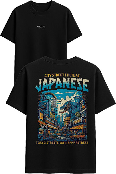 VSRN تي شيرت سيتي ستريت ديزاين مطبوع أسود قصة فضفاضة