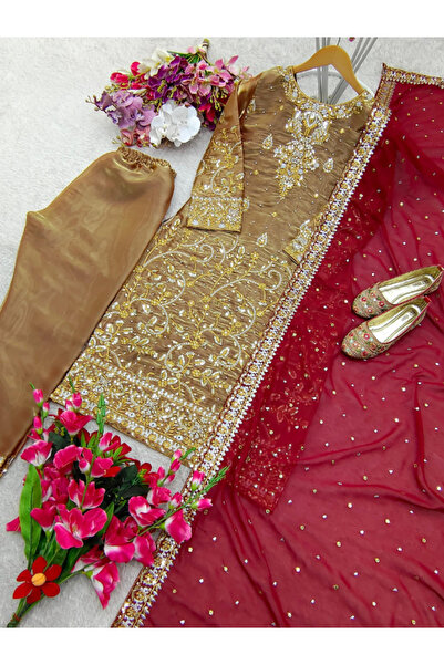 MYSMAR Brown Zimmy-Chu Silk Salwar Kameez Dupatta - HRT5131 | Brown