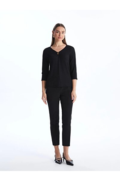 LC Waikiki LCWAIKIKI Classic Siyah Kaçık Yaka Düz Uzun Kollu Kadın Bluz