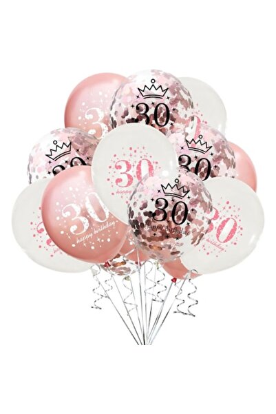 DELPI Balloon and Decorations Set for 30th Birthday, Latex, 15 Pieces, White and Rose Gold