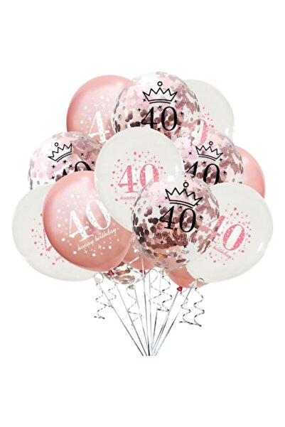 DELPI Balloon and Decorations Set for 40th Birthday, Latex, 15 pieces, White and Rose Gold