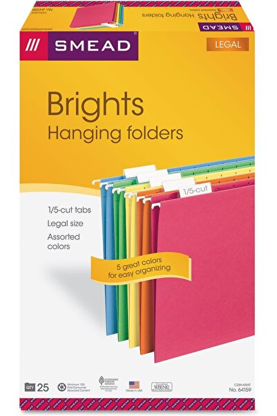 Smead Hanging File Folders with Tab, Adjustable Legal Size 1/5 Cut, Assorted Primary Colors, 25 per