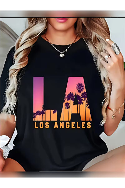 TİMİSİVA تي شيرت أسود للجنسين قصة فضفاضة لوس أنجلوس مطبوع برقبة دائرية وأكمام...