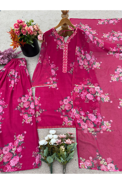 MYSMAR Pink Faux Georgette Top Bottom Dupatta - HRT4874 | Pink