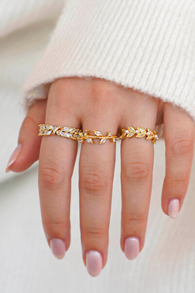 TREND COLLECTİON Altın Renk Yaprak Desenli Zirkon Taşlı İnci Detaylı Kadın Yü...