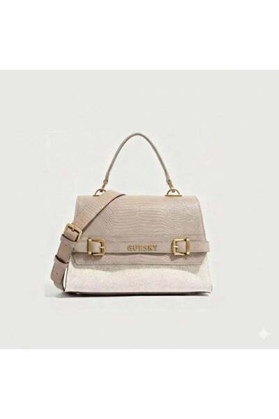 Guest Guessky Top Handbag - Gold hardware, croc leather & half canvas material, 20 cm, long belt strap