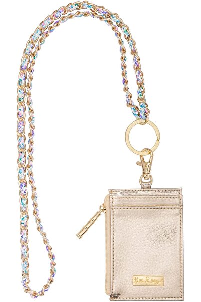 Lilly Pulitzer Short Lanyard ID Card Holder Keychain Wallet with Zipper Gold 'Soleil et On Me'