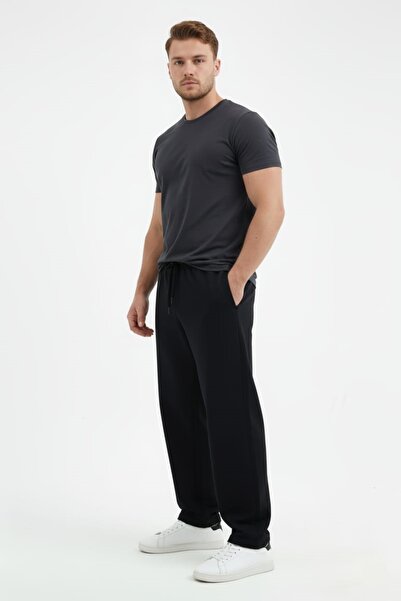 fh fashionhere Men's Comfortable Fit Wide Cut Loose Leg Baggy 2 Thread Black Sweatpants