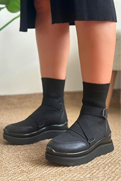 cevaplus Women's Black Rubber Detailed Comfortable Thick Sole Knitwear Sports Boots