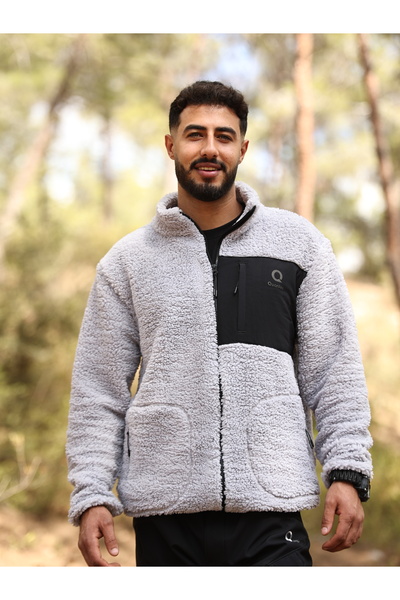 TKT Gray Lamb Welsoft Fleece Jacket Full Zipper 3 Pockets Front Panel Detail Full Size