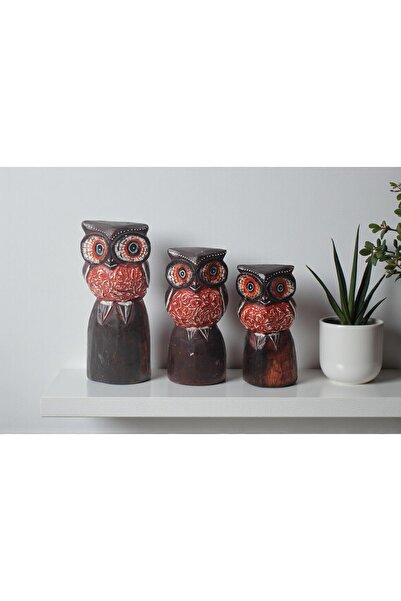 e-life shop El Yapımı Doğal Ahşap 3’lü Baykuş Heykel Biblo Seti Yeni Yıl Ev O...