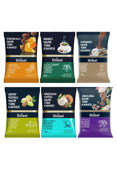Shazel 6 lı Türk Kahve Seti (Portakal-nane-çikolatalı-kaymak-hindistanceviz-antepfıstıklı) 6x100 g