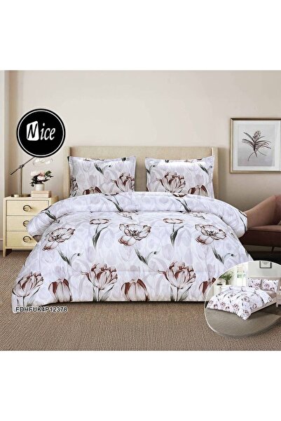 NİCE 4-piece summer quilt set, floral white purple 220×230 cm