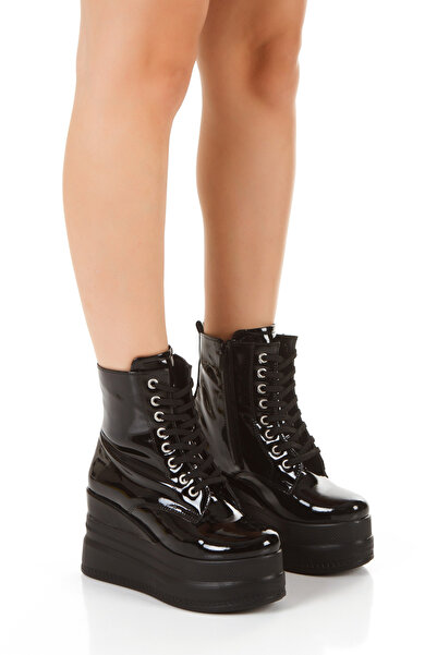 Stilo Black Patent Leather Women's Boots Wedge Heels High Sole 9cm