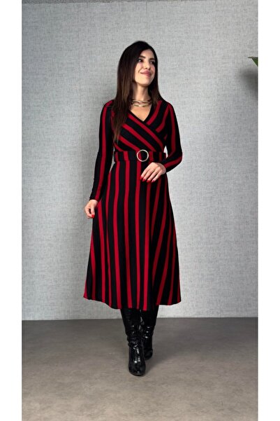 Pazarcan فستان نسائي طويل الأكمام بياقة مزدوجة وحزام مدمج، فستان تريكو مخطط