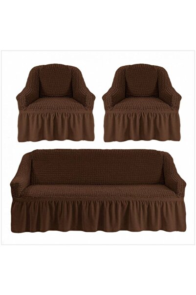 Lenjeria Familiei Tale Elastic and Crepe Covers with Ruffle, 3-Seater Sofa + 2 Armchair Covers, Dark Brown