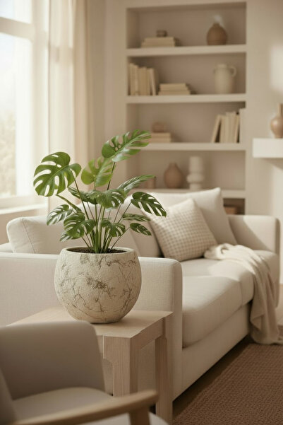 Bliss Dekoratif Modern Küre Saksı Tasarım 7,5 Litre Beton Görünümlü Plastik Çiçek Saksısı