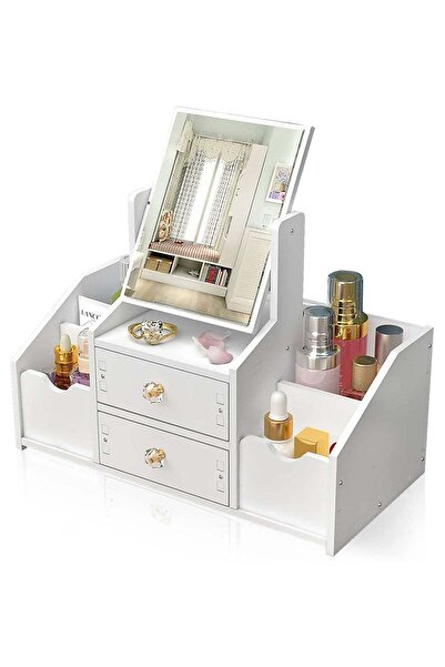 Generic Makeup Organiser with Drawer, Dressing Table Organiser with Mirror, White Cosmetic Organiser, Deskt