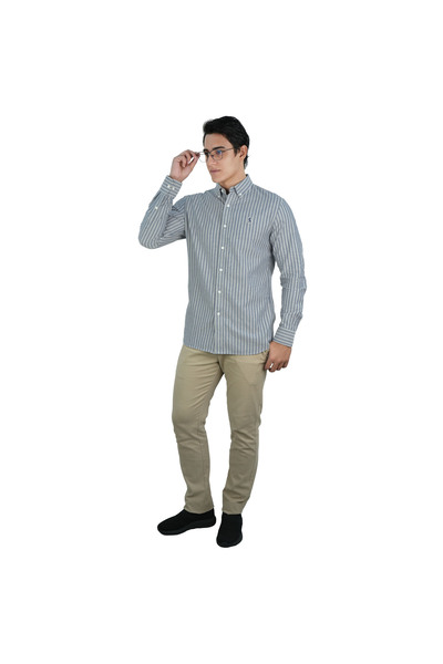 Giordano Men's Cotton Oxford Shirt - Small Lion Embroidery, Slim Fit, Full Button