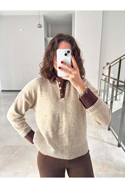 Sude Kızanlıklı Πλεκτό με λεπτομέρεια από τζιν με λαιμόκοψη πόλο