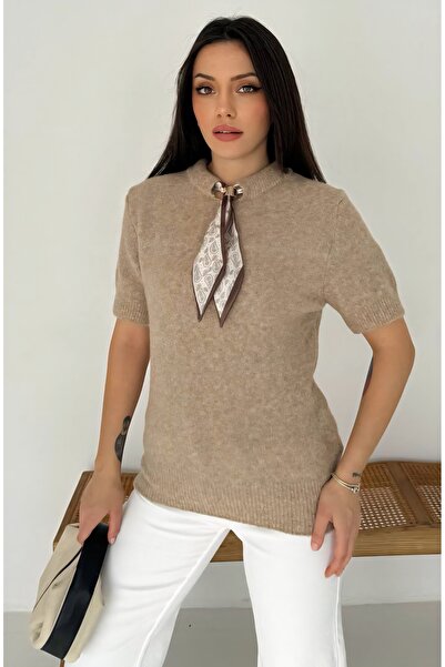 Noa Noa Soft Textured Short Sleeve Knit Sweater with Scarf