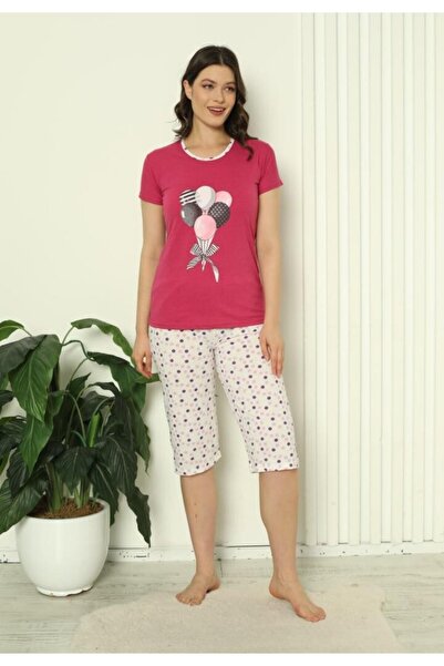 TOSKI Women's Cotton Pajamas – 3/4 Sleeves and Pants, Balloon Print, Fuchsia