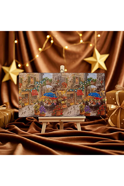 SELLGIFT Tablou Pictat Manual – Terasă Italiană Rustică – Străduță cu Flori