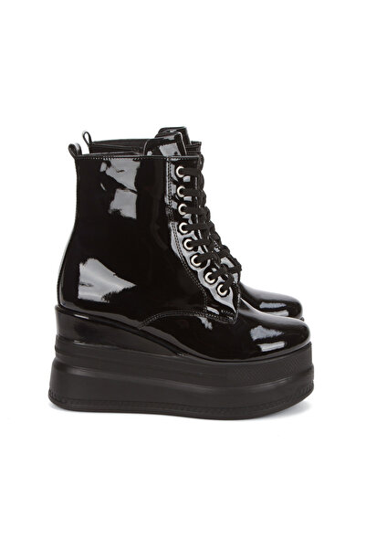 Stilo Black Patent Leather Women's Boots Wedge Heels High Sole 9cm