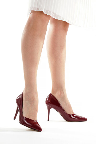 PAYZİN Stiletto Burgundy Patent Leather 9 cm Thin Heel V-Shaped Toe Low-Cut Pointed Toe Closed