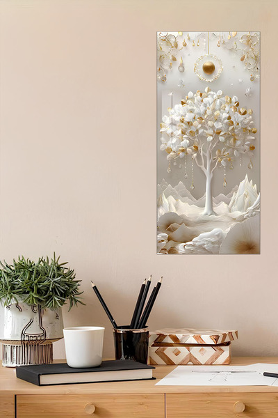3D Look Tempered Glass Painting –Golden Tree of Life and White Mountain UV Printing 30x60 cm - DCT110