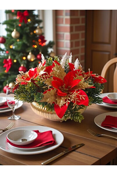 NEŞELİ ÇİÇEKLER Yılbaşı Masa Süsü Yapay Çiçek Aranjmanı 30x20 cm Gold Metal S...