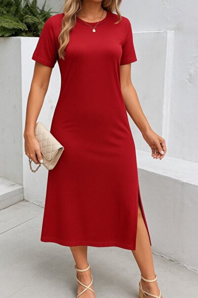 Genel Markalar Kadın Kısa Kollu Bisiklet Yaka Yandan Yırtmaçlı Viskon Elbise