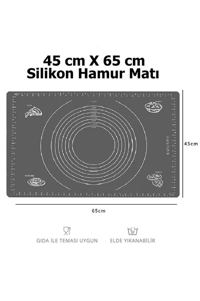 ZUZU MADE 2'li Set Gri Renk 45x65 Cm Silikon Hamur Açma Matı Ve Pratik Ahşap Saplı Silindir Hamur Açıcı