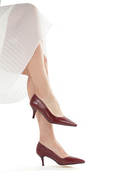 Catelyn Women's Burgundy Textured Leather Pointed Toe Stiletto Short Thin Heeled Shoes - 7 cm