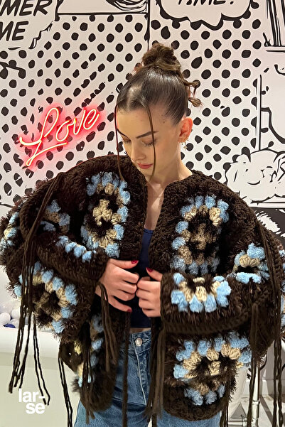 Larse El Örgüsü Kadın Hırka, Kahverengi, Bağlamalı, Püsküllü