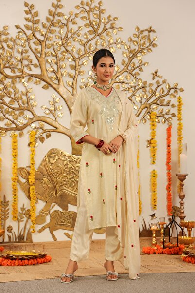 PRIYA'S PANACHE Premium Golden Shimmer Tissue Straight Kurta Pant Dupatta Set | Festive Traditional Ethnic Wear