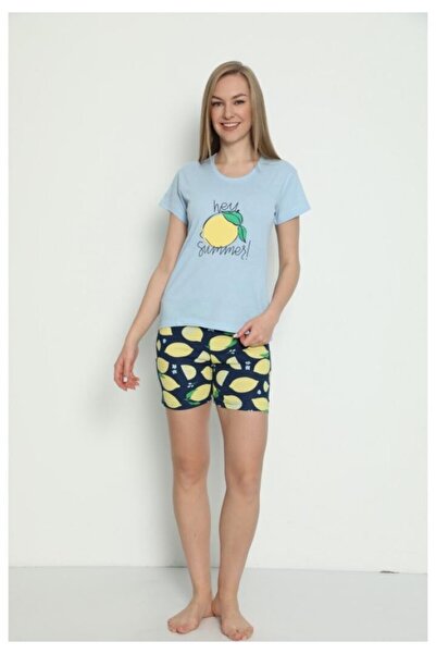 TOSKI Pijamă damă mânecă scurtă, pantalon scurt, Hey Summer, Albastru