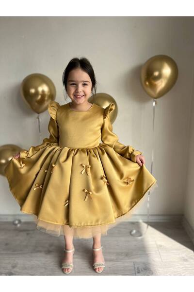 sarena Premium Collection Gold Fiyonk Nakışlı Çocuk Kabarık Abiye + Toka