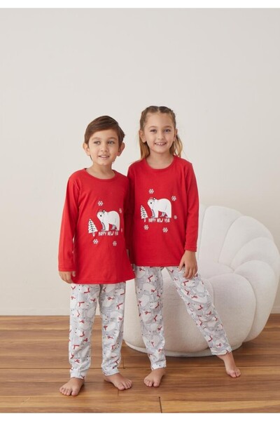 TOSKI Christmas Pajamas for Girls and Boys, Long Sleeve, Long Pants, Red, Happy New Year