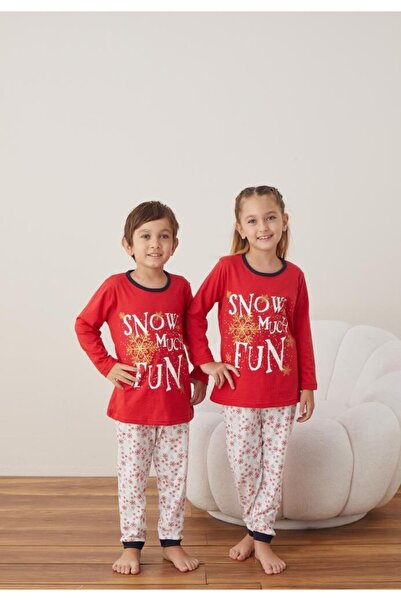 TOSKI Product Christmas Pajamas for Girls and Boys, Long Sleeve, Long Pants, Red, Snow
