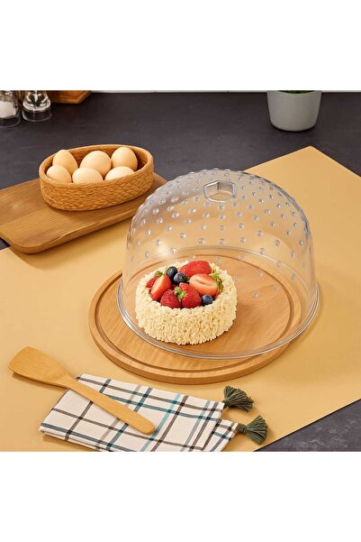 Funny Life Ahşap Kek Fanusu - Yuvarlak 30cm - Akrilik Kapaklı Servis Sunum, S...