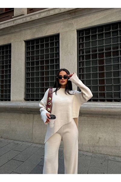 Friday Mood Women's Cream Asymmetrical Sweater&Pants Knitwear Set