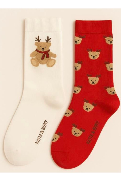 Katia&Bony Kadın 2'li Teddy Desenli Yılbaşı Temalı Soket Çorap Ekru Mix