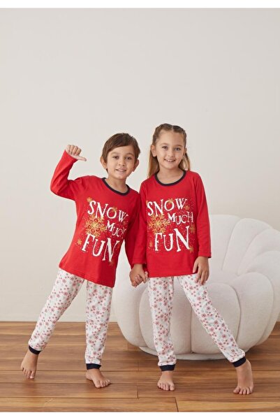 TOSKI Product Christmas Pajamas for Girls and Boys, Long Sleeve, Long Pants, Red, Snow