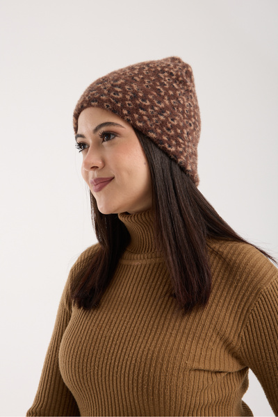 OX-RA Brown Leopard Patterned Plush Folded Beret